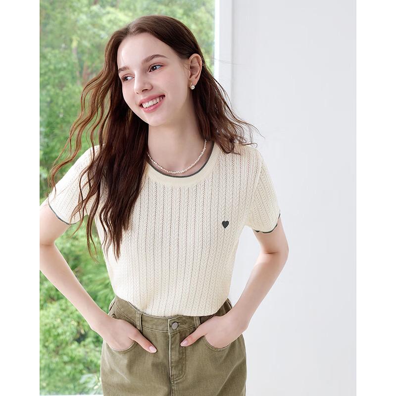 Betu Women's Summer Heart Embroidered Short Sleeve Knit Top