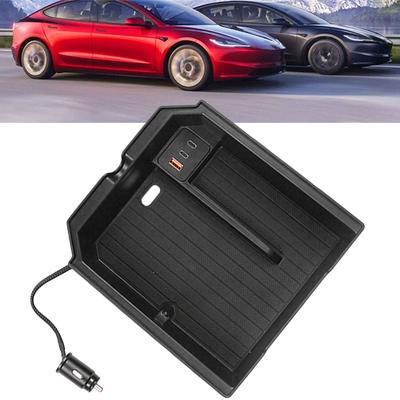 Central Control Storage Box for Tesla Model 3 2024 Armrest Box Hidden Storage Box Flocking Car Interior Accessories