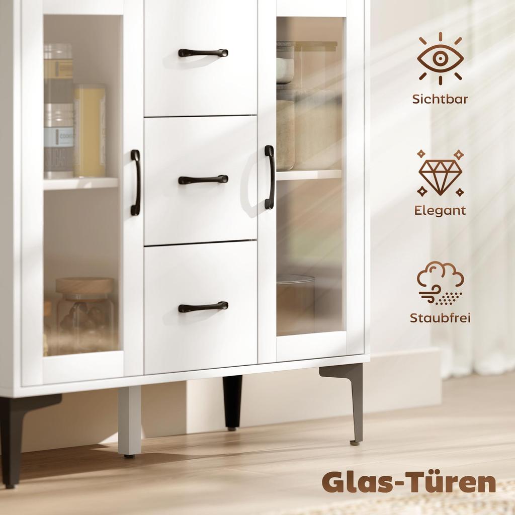 Modern Sideboard with Soft-Close Doors, Buffet Cabinet with 3 Drawers, 2 Glass Doors, Adjustable Shelves, MDF, White