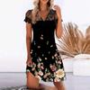Fashion Women V-neck Printed Lace Splicing Dress Casual Slim Pullover Dress