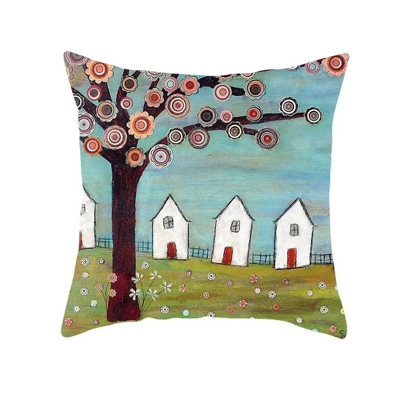 Home Decor Colorful Tree & Flower Pattern Pillow Covers Pattern Cushion Cover Suitable For Sofa Bedroom Car Pillow Cover