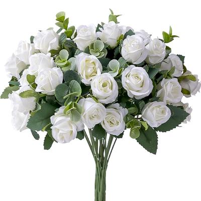 10 cabeças de flores artificiais de seda rosa branca folhas de eucalipto peônia buquê flor falsa para mesa de casamento festa vaso decoração de casa