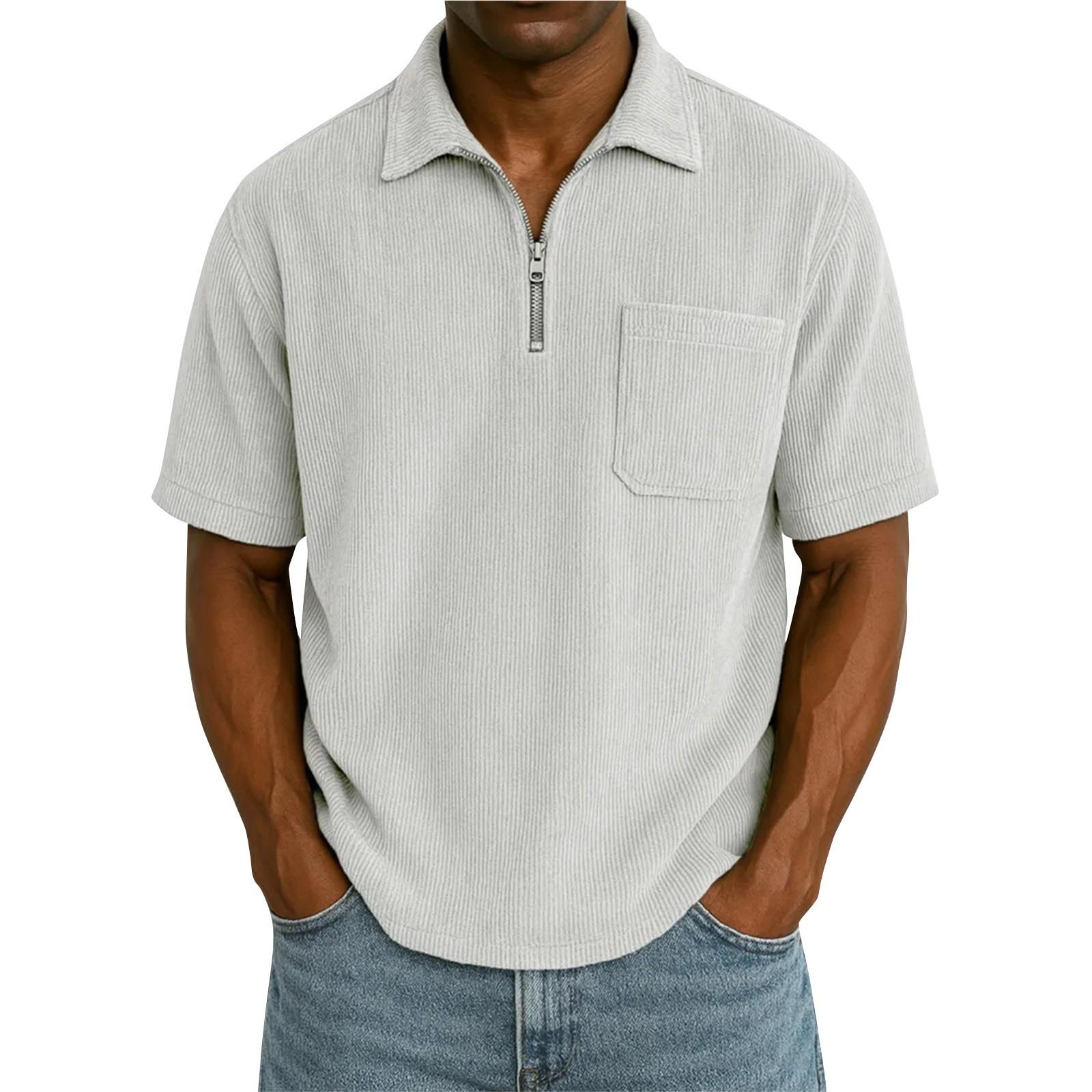 

Мужской летний однотонный топ свободного кроя с лацканами и короткими рукавами, с карманом на молнии XL