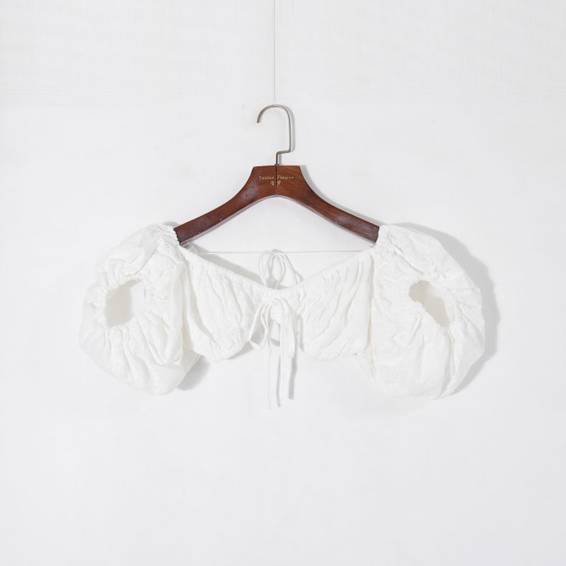 

Летняя женская одежда 2025 Мода Западный стиль Однотонный Вязаный крючком Рукав-буф Прямой Повседневный Сексуальный Короткий Универсальные Рубашки White L