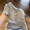 Heather Gray Lapel Collar Polo Short Sleeve T-Shirt, Two Button Placket Side Ruched Slim Fit Casual Women Top