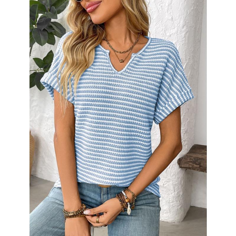 Summer New Women's V-neck Short-sleeved Loose Striped Casual Pullover T-shirt