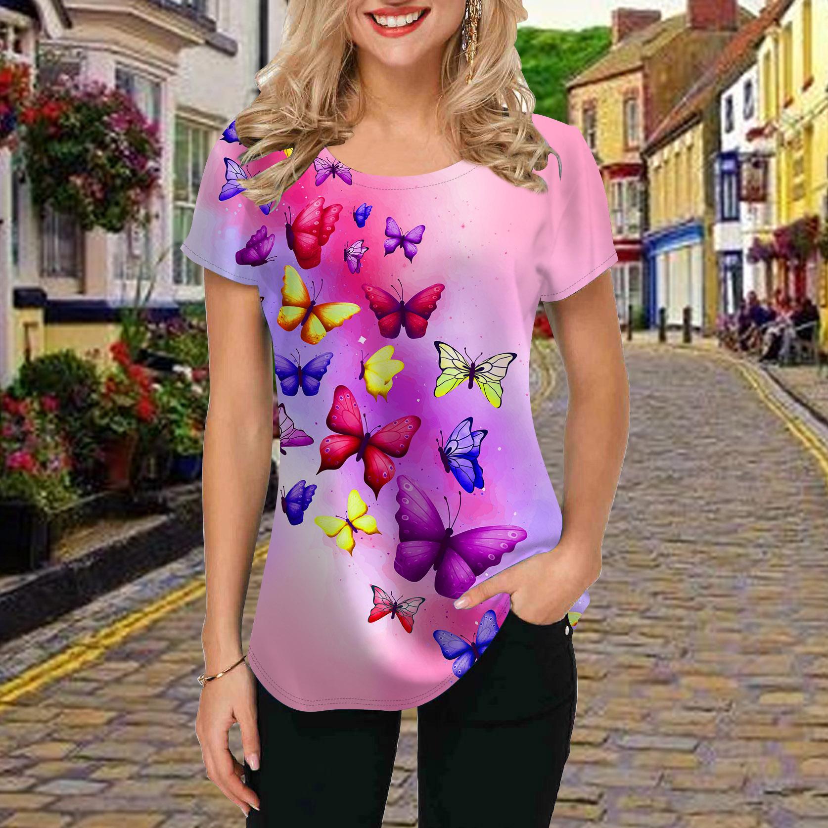 

Fashion Women Pink Butterfly Print T Shirt Funny Casual O-neck Short Sleeves T-shirt Summer Female Tee Shirt 8XL разноцветный