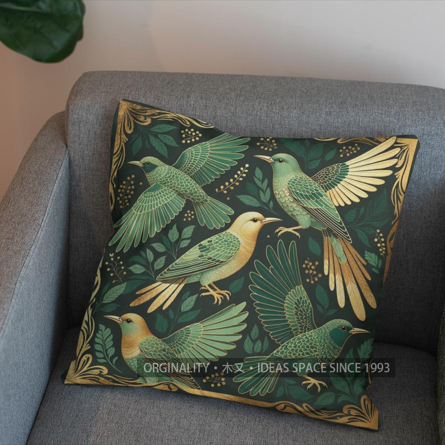 2D Exquisite Green Birds And Leaves Throw Pillow Pattern Cushion Cover Suitable For Sofa Bedroom Car Pillow Cover