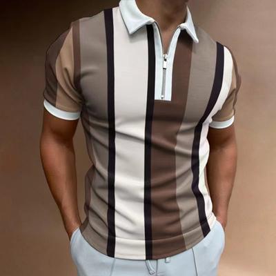 Summer Striped Printed Tops Men's Short Sleeved Color Blocked Zipper Polo Shirts