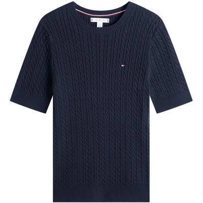 Weicher Bequemer Logo Einfarbiger Rundhals Kurzarm Pullover Damenpullover Marineblau 76J5411-FAP