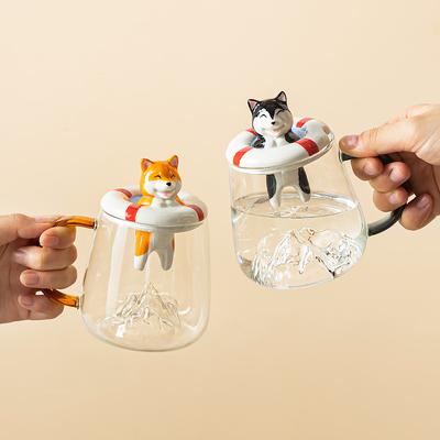 Cartoon Cat Glass Cup,High-value Coffee Mug with Lid Spoon,Creative Breakfast Milk Mugs, Couple Kawaii Cup,Birthday Gift Tea Cup
