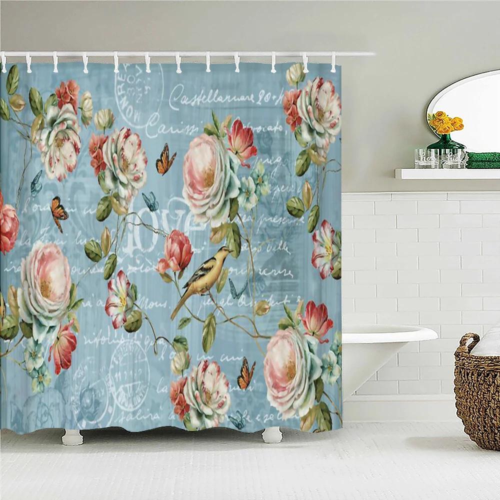 Waterproof Fabric Shower Curtain Colorful Flowers Pattern Printed Shower Curtains With 12 Hooks Multi-size Bath Screen