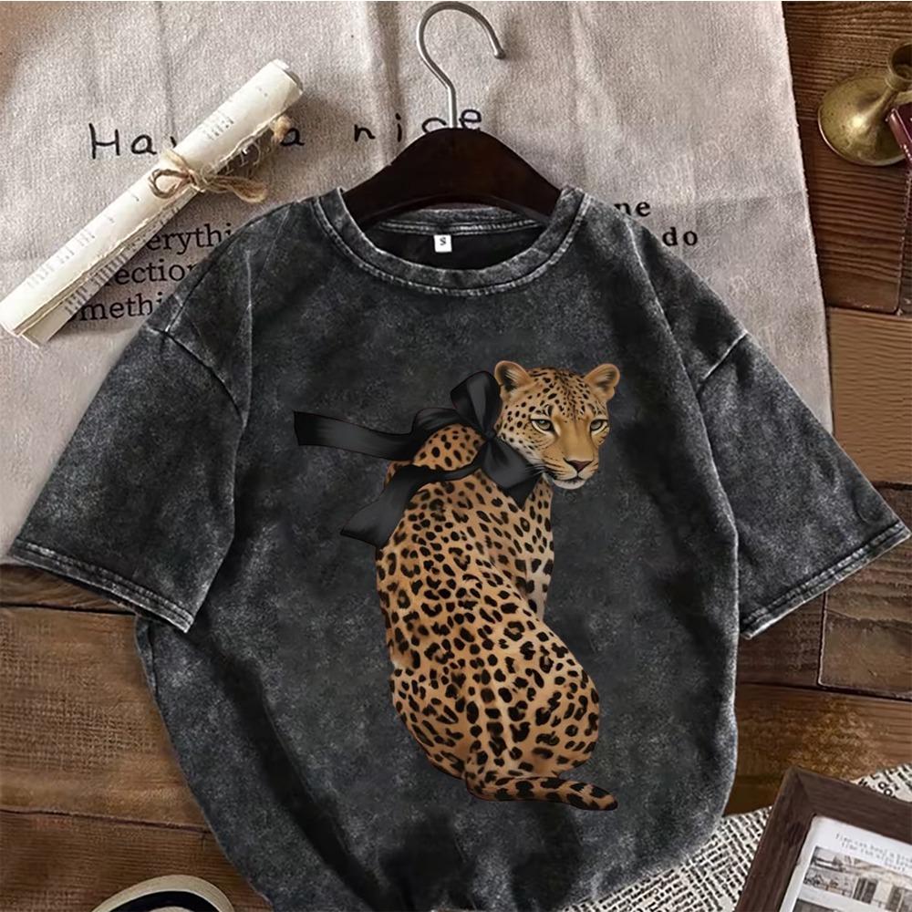 T-shirt Oversize Noir Lavé Vintage Style Léopard Streetwear Coton Manches Courtes Col Rond