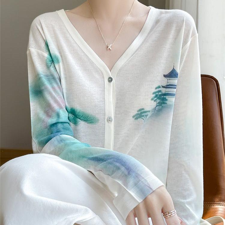 Cardigan subțire de damă Primăvară Vară Cardigan tricotat cu imprimeu mătase Jachetă Mânecă lungă Larg Top tricotat cu protecție solară