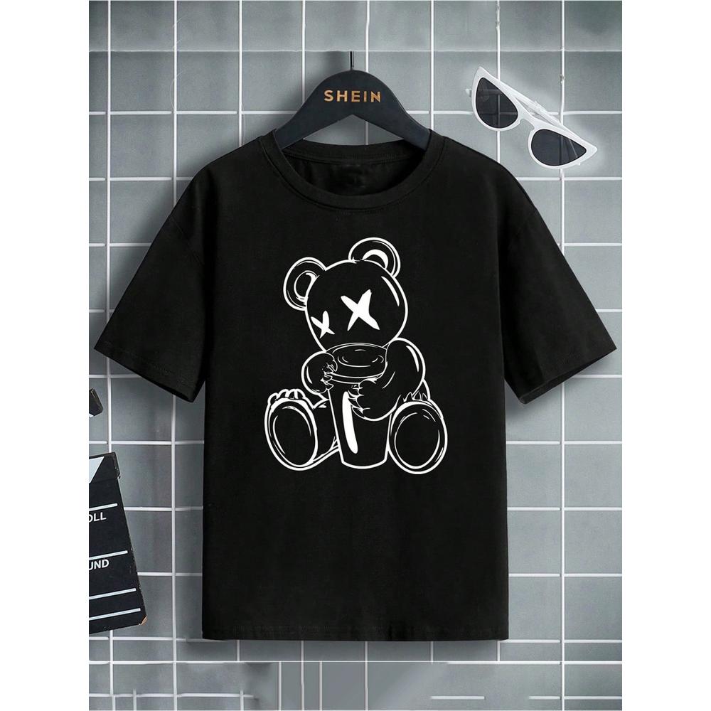 2026 casual and comfortable children's clothing, trendy and cool cup-hugging bear print T-shirt, high street style black casual