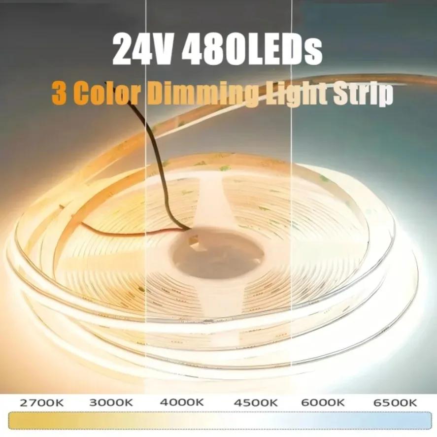 10m COB LED Strip Light 24V Tri Color Smart Dimming 480LEDs/m 8mm Width High Density Flexible Light Strip for TV Wall Decoration