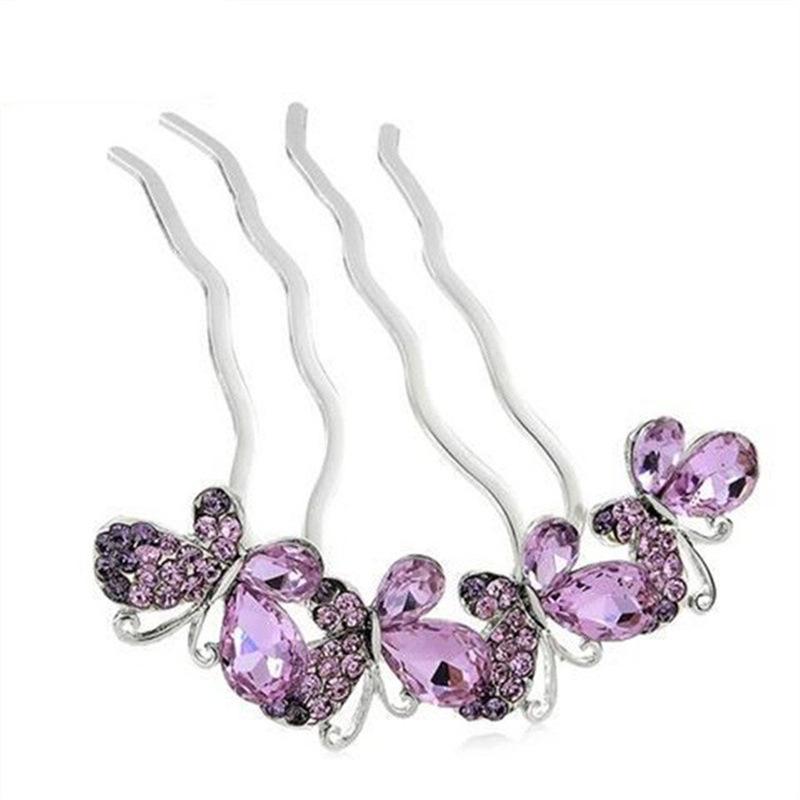 Korean Crystal Butterfly Alloy Four-Tooth Hair Comb - Elegant Updo Headwear Tool