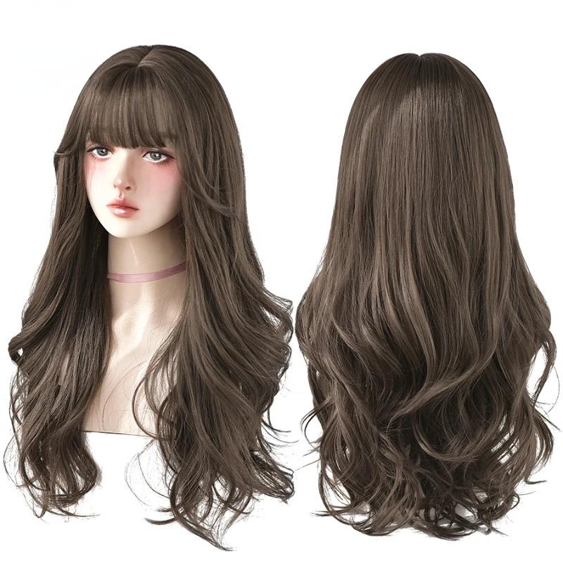 Popular Brown Ash Long Deep Wave Hair Lolita Wigs With Bangs Synthetic Wig For Women Fashion Thick Curls Wigs Girl
