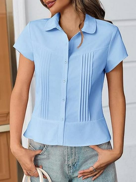 

2026 Spring/Summer Retro Slim Solid Color Lapel Short Sleeve Women s Shirt XL светло-синий