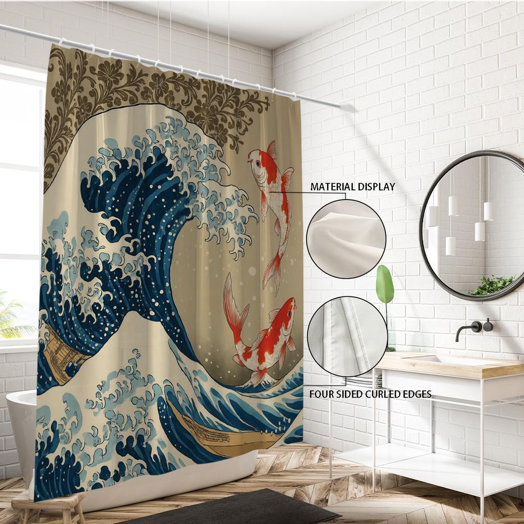1pc Wave Sunrise Print Waterproof Shower Curtain Partition Privacy Hanging Curtain with 12 Hooks Multiple Sizes Machine Washable
