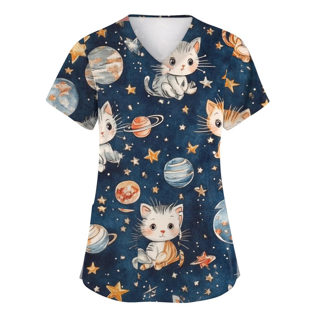 Women's Fashion Short Sleeve Cute Animal Printed V-Neck Pocket Workwear Tops