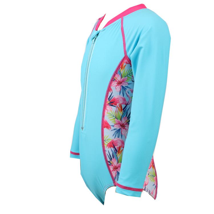 Mädchen Langarm Floral Badeanzug - Blau, Sonnenschützende Sommer Badebekleidung