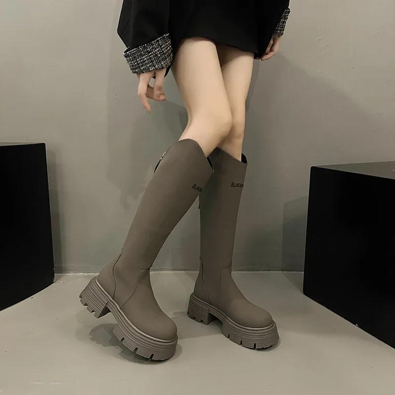 Damen Kniehohe Stiefel Neue Herbst-Winter-Schuhe Frau Lange Stiefel Slip-On Lässig Klobiger Absatz Plateau-Stiefel