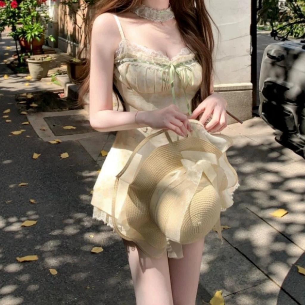 Pure desire sweet short skirt spring and summer waist thin design sense lace splicing suspender dress + cardigan suit women