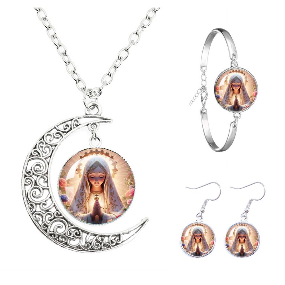 Virgin Mary And Baby Jesus Catholicism The Moon Necklace Earrings Bracelet Set Religious Glass Cabochon Pendant Gift Jewelry