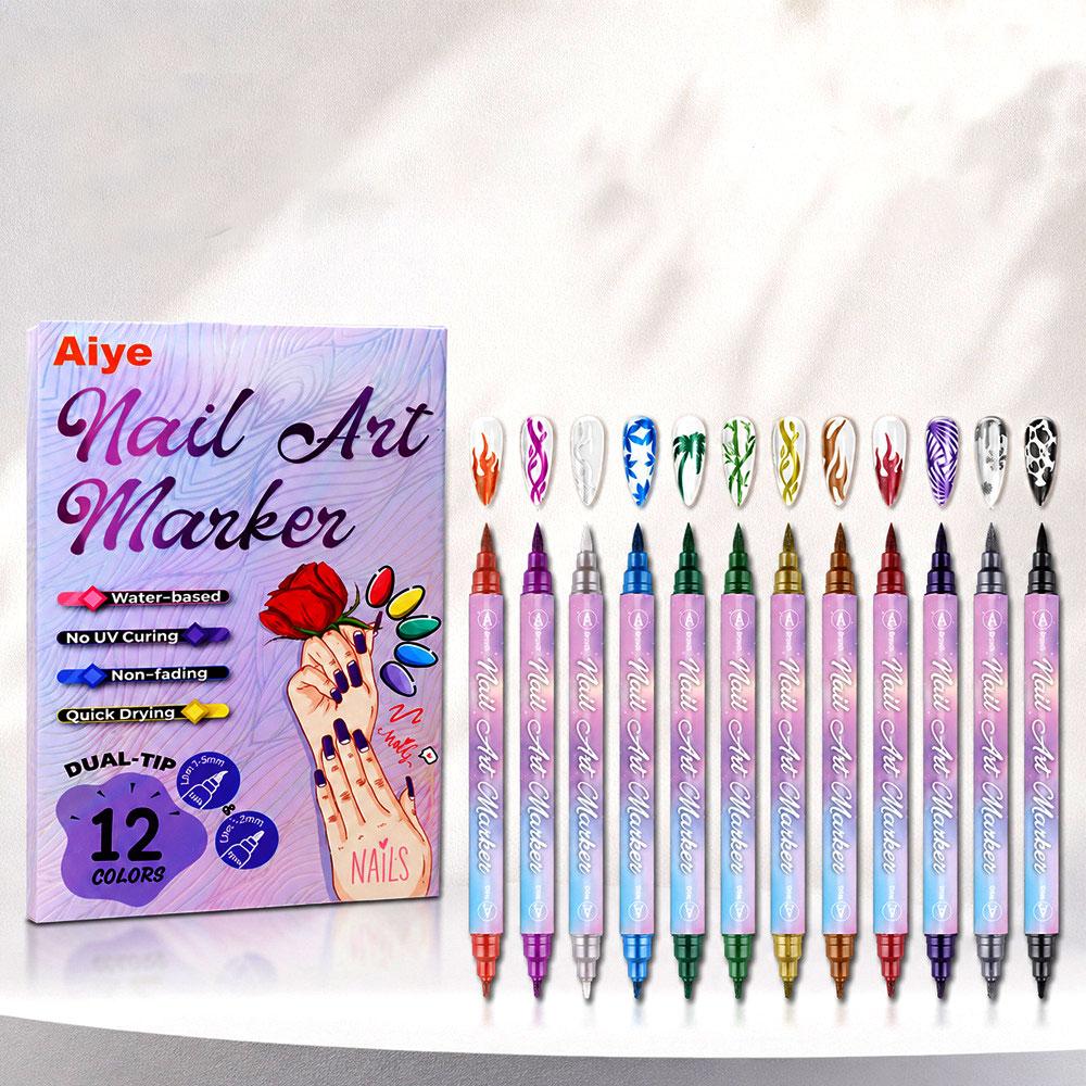 Kétvégű 3D Körömfestő Toll Készlet 12 Szín Fémhatású Körömfesték Toll Mosható Gyorsan Száradó Akril Tinta Pontozó Toll Festő Toll 12 color gray