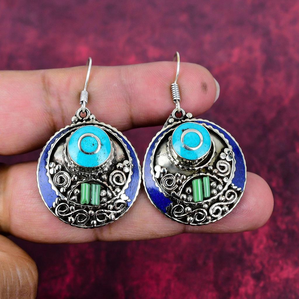Lapis Lazuli & Turquoise 925 Solid Sterling Silver Earrings, Handmade Gemstone Nepali Earrings Jewelry, Gifts For Wife Brand New Earrings