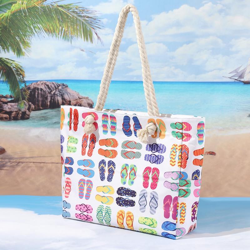 Women Canvas Beach Tote Bag Large Capacity Summer Shoulder Bag Zipper Closure Travel Shopping Handbag
