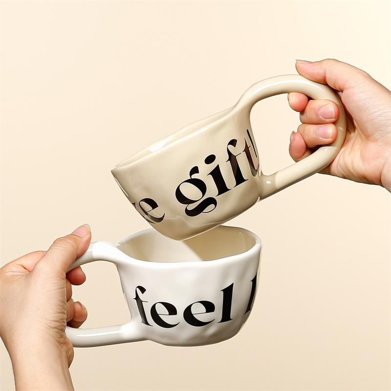 350ml Hand Pinched Irregular Coffee Cups English Alphabet Pattern Ceramic Mug Large Handle Milk Oatmeal Cup Home Water Cup