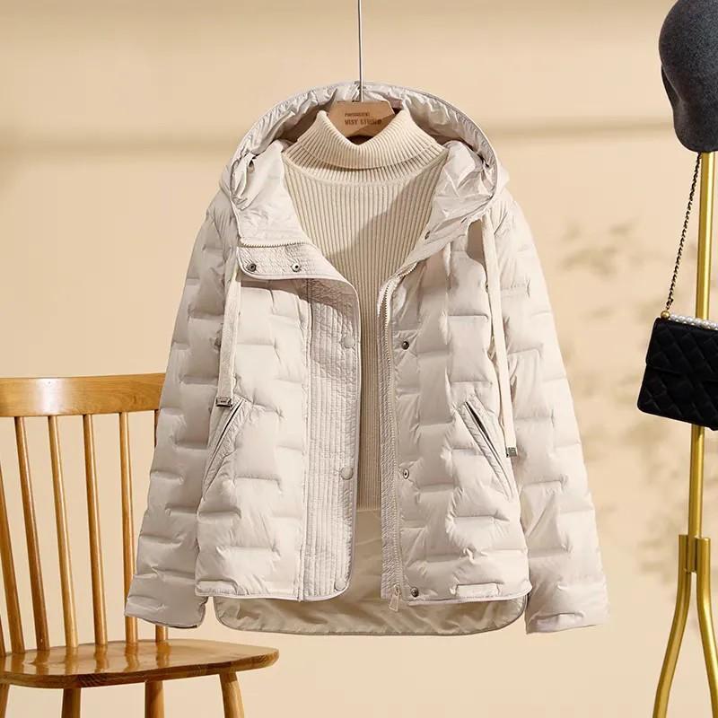 Women Autumn Winter Clothing White Duck Down Coat Long Sleeve Puffer Jacket Commuter Hooded Clothes Lady