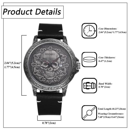 Men's Punk Skull Watch with Genuine Leather Strap: Skeleton Skull Antique Leather Watch with Waterproof Analog Quartz Movement, Gothic Accessory - Per