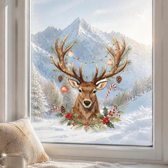 Seasonal Window Decals Christmas Watercolor Reindeer Cling, Removable Reusable Elk Head Static Easy Install Sticker Decal, Animal Decorative Glass for