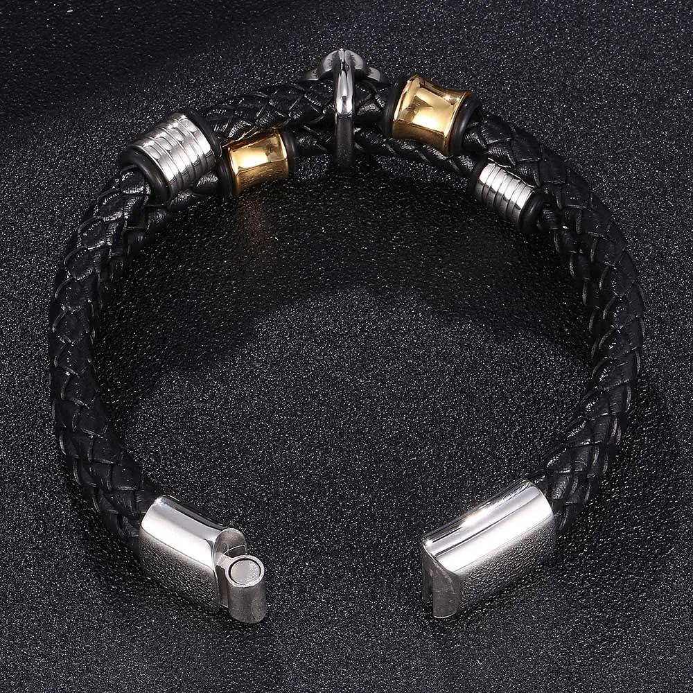 Men's Hand Jewelry High Quality Stainless Steel Charm Layered Bracelet Leather Genuine Braided Black Bracelet