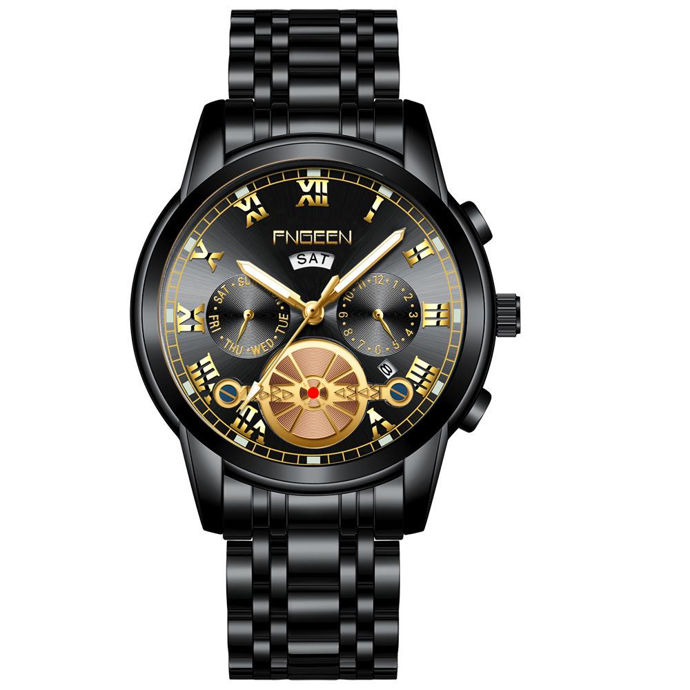 Orologio da uomo FenZun con Tourbillon Volante Nero e Cinturino in Acciaio con Diamanti Neri