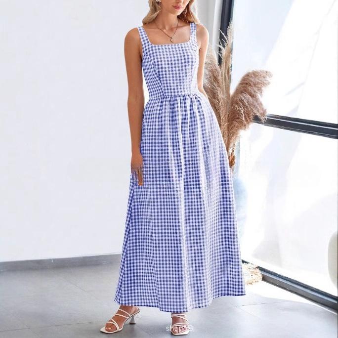 VEZFAA Abiti casual a vita alta con colletto quadrato senza maniche con stampa scozzese primaverile alla moda da donna