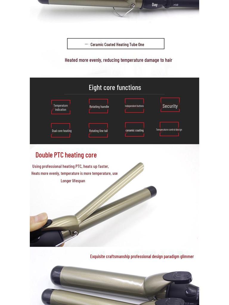 38mm-19mm Ceramic Curling Wand for Damage-Free Big Waves & Inward Buckles
