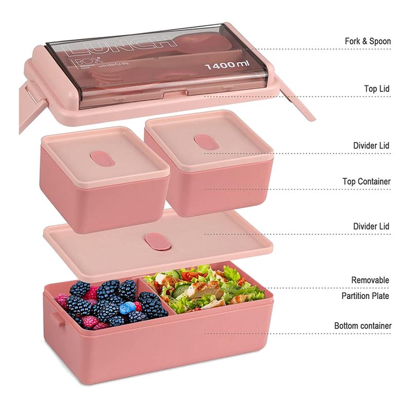 Bento Box Kit, 47.35OZ Bento Box Adult Lunch Box, 3 Compartments Bento Lunch Box , Meal Prep Containers for Adults Pink