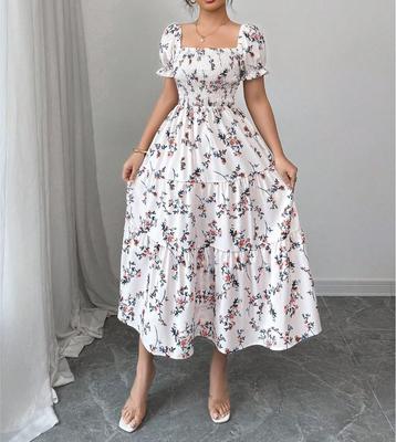Gonna longuette stampata con scollo a V casual da donna alla moda. Abito in vita elastica