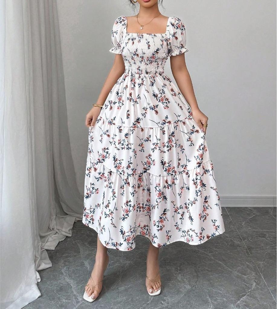 Fashion Women's Casual V-Neck Printed Midi Skirt Elastic Waist Dress