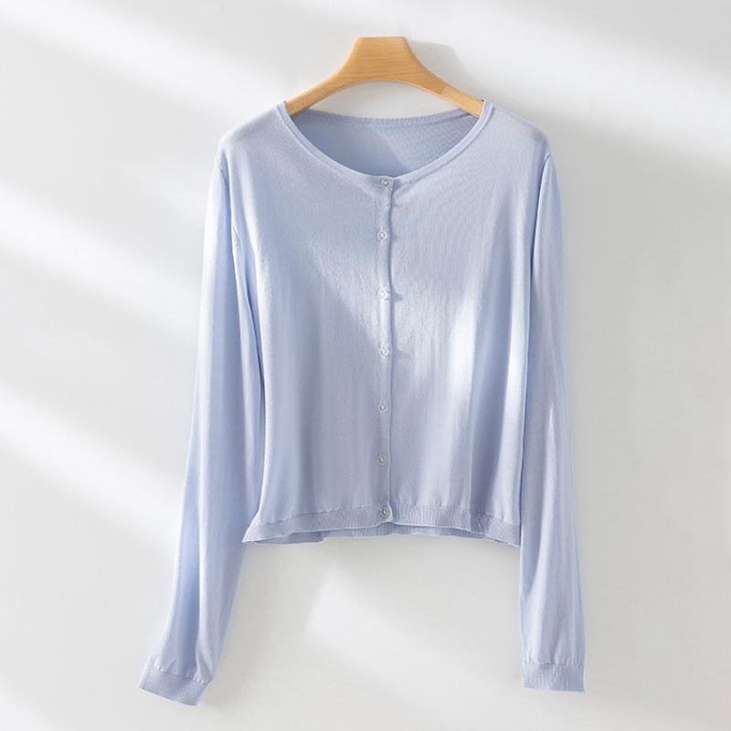 

Single-breasted knitted cardigan women s summer new Tencel sunscreen lazy casual round neck long-sleeved top jacket S