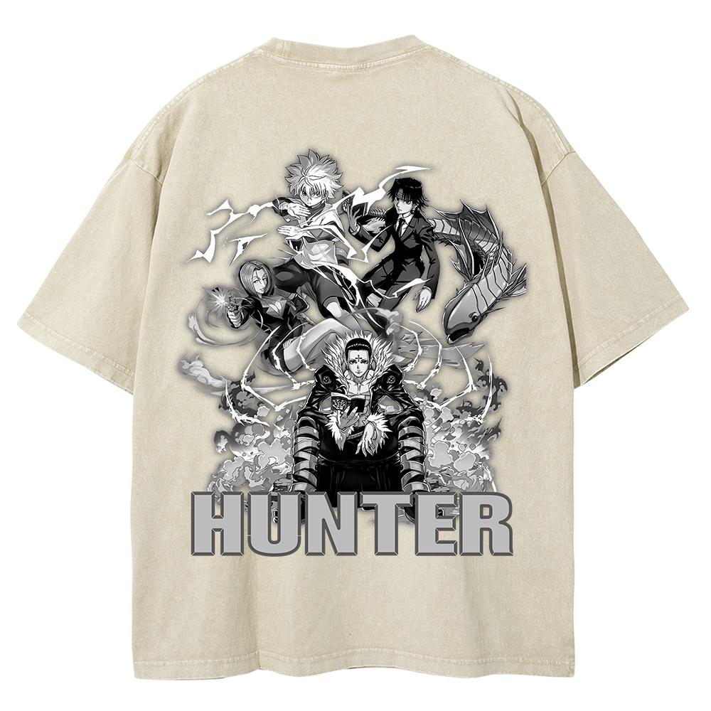 Anime HUNTER×HUNTER Killua Zoldyck Kurapika Graphic T Shirt Men Vintage Washed Tshirts Casual Cotton T-shirt Harajuku Male Tops