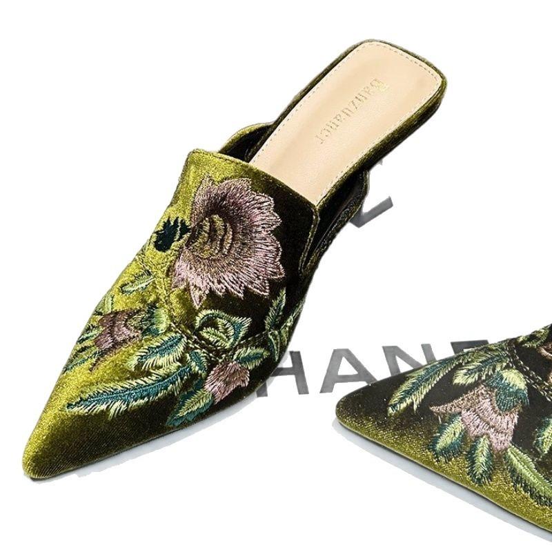 Embroidered Flower Bag Head Half Slippers Summer New Pointed High-heeled Cheongsam Temperament Slippers Women's Summer Outer Wear