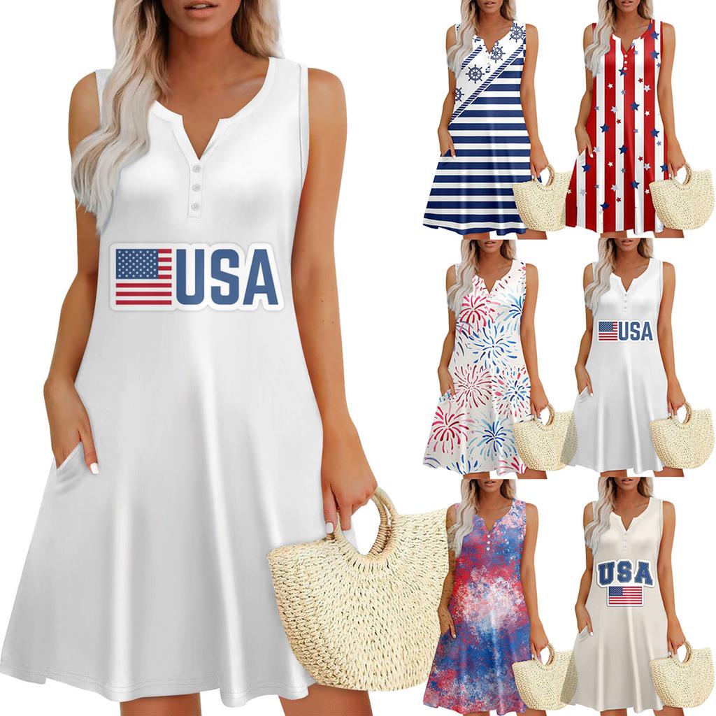 Women's Summer Casual V-Neck Floral Independence Day Button-Down Dress With Pockets