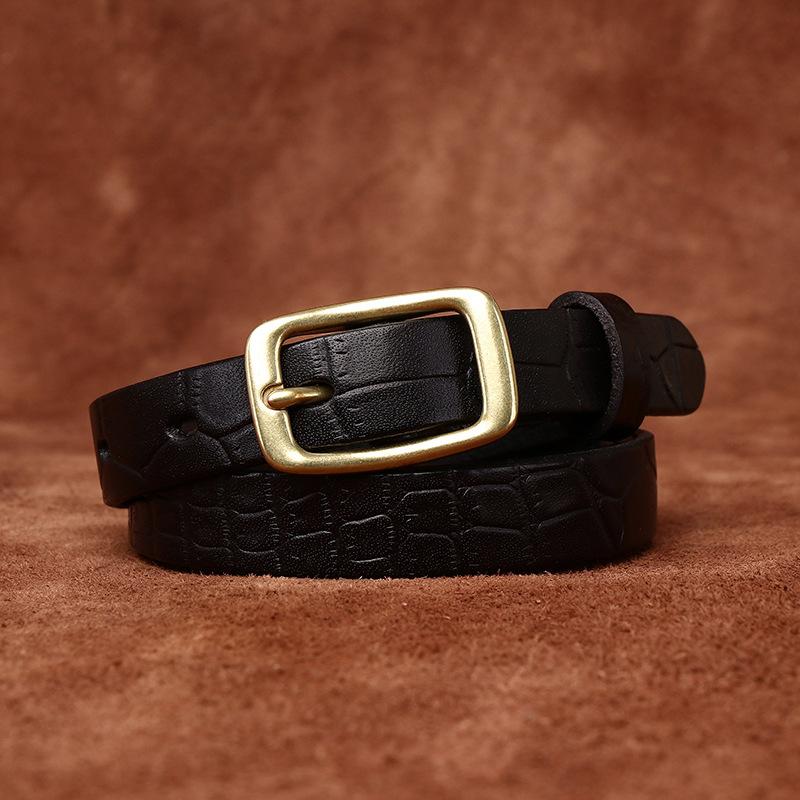 Fine Women's Belt Italian Retro Fashion All-Matching Decorative Genuine Cattlehide Leather Surface Pressure Crocodile Pattern Belt for Women