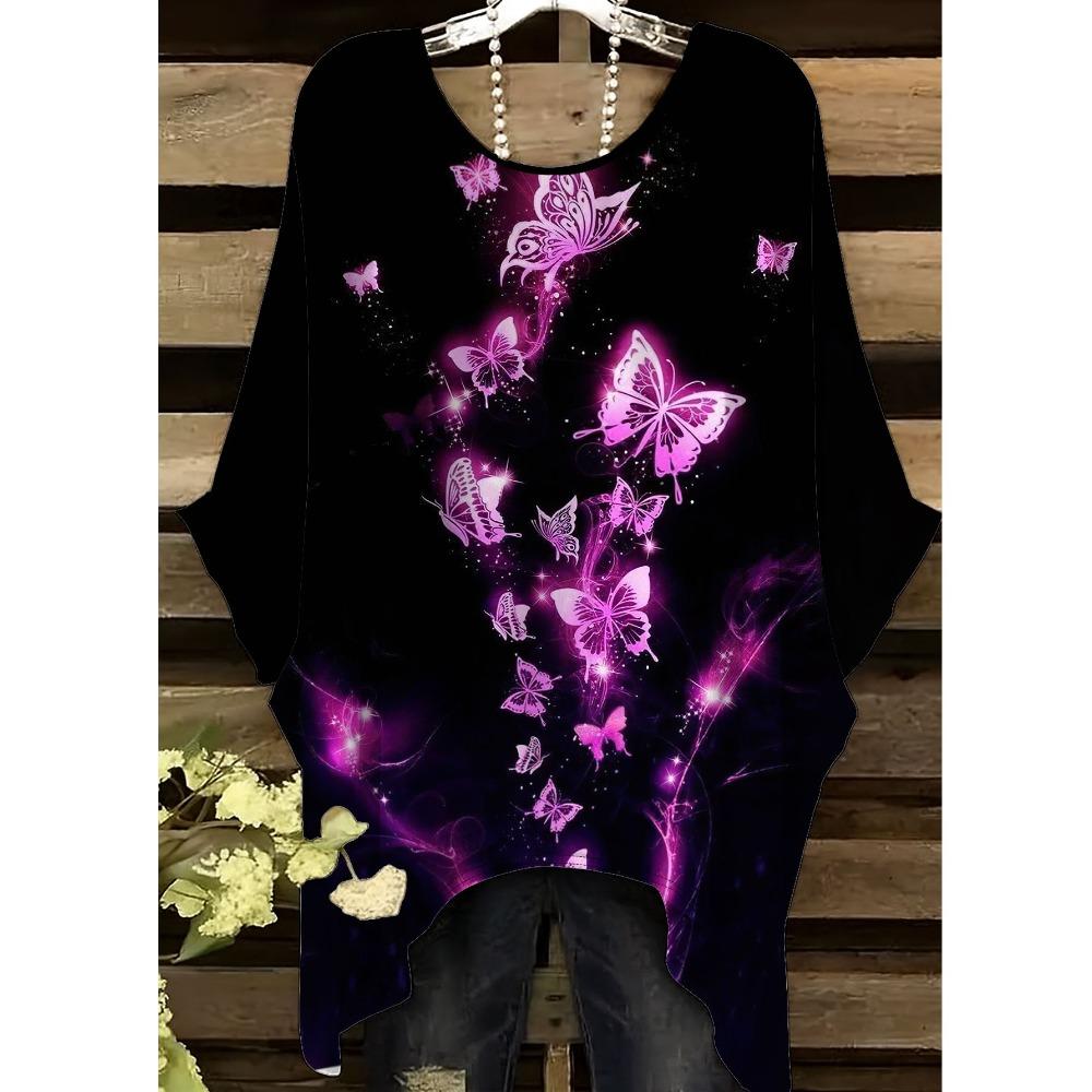 Morpho printed women's large-size short-sleeved T-shirt, irregular hem design, digital printed four-season T-shirt