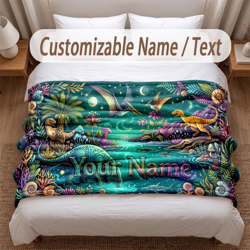 Dinosaur Theme Soft Blanket Personalized Custom Name Text Print Warm Blanket Home Sofa Bedroom Decor